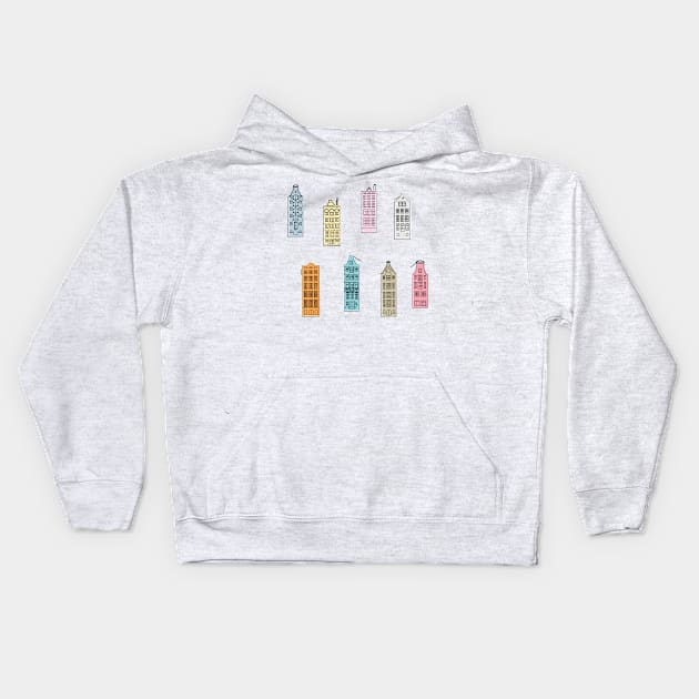 Facades of old canal houses from Amsterdam City rainbow colorful illustration Kids Hoodie by sinemfiit